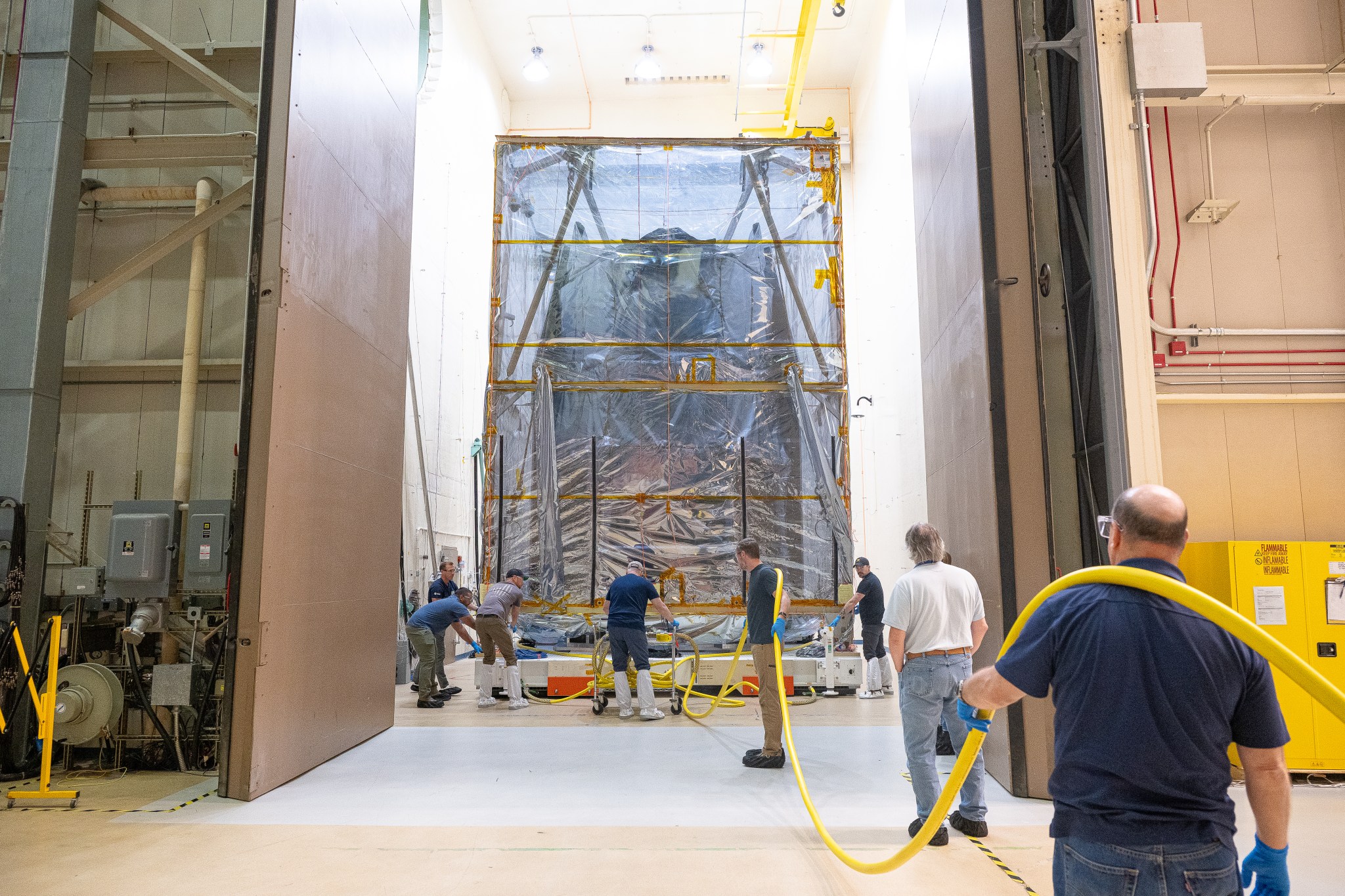 The outer portion of the Roman observatory stands in the acoustic testing chamber